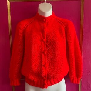 Vintage Bright Red hand Knit Cardigan size small